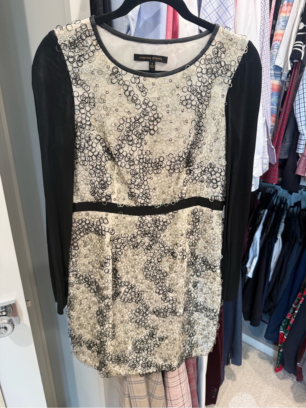 Cynthia Steffe Black and Cream Embellished Long-Sleeve Dress